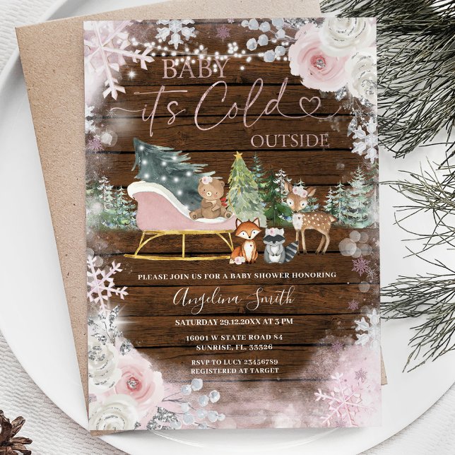Invitación Wood Winter Pink Snowflake Sleigh Baby Shower (Subido por el creador)