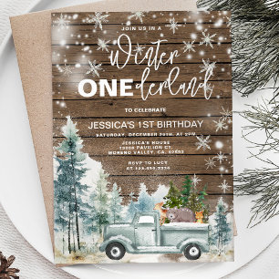 Invitación Wood Winter Truck Onederland Forest 1er cumpleaños