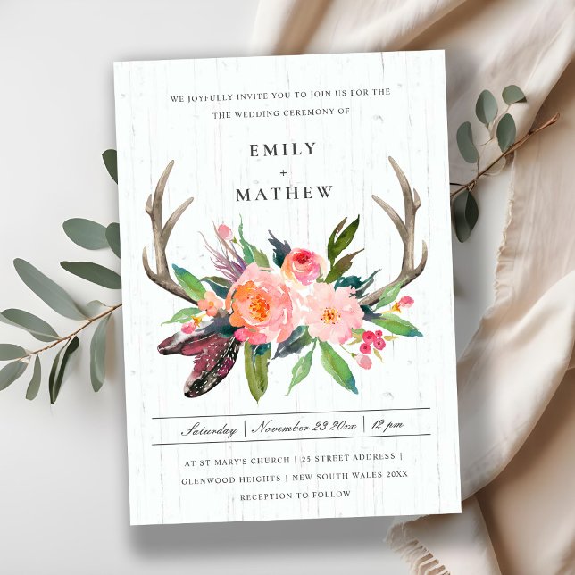 INVITACIÓN WOODEN BOHO RUBOR ANTLER FLORAL COUNTRING (Subido por el creador)