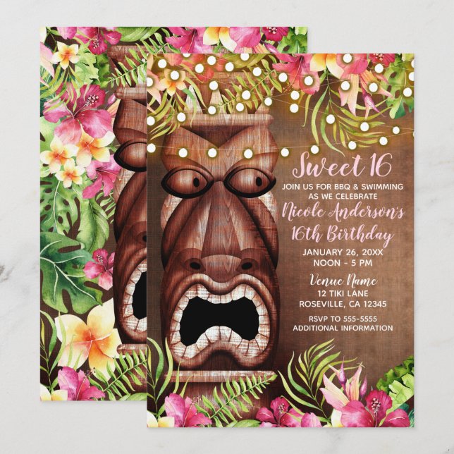Invitación Wooden Hawaiian Tiki Luau Summer Sweet 16 Fiesta (Anverso / Reverso)