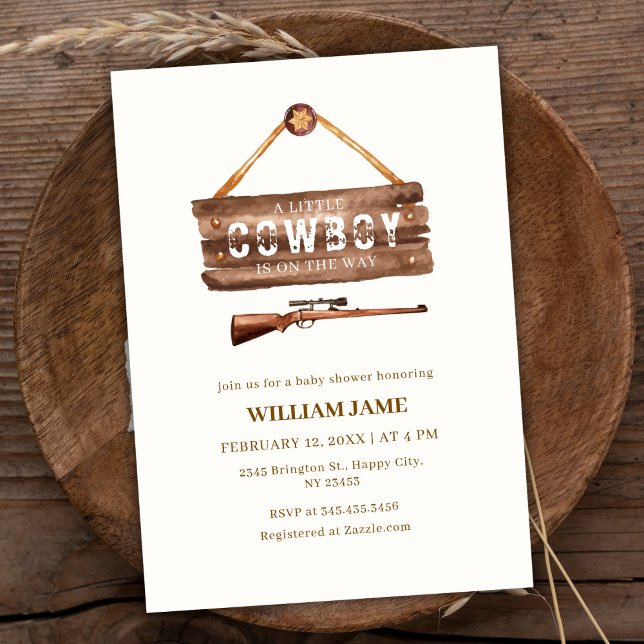 Invitación Wooden Neutral Wild West Cowboy Gun Baby Shower (Neutral Wooden Wild West Cowboy Gun Baby Shower Invitation)