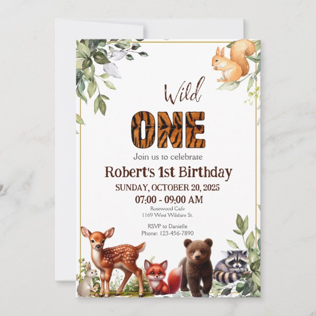 Invitación Woodland 1.ᵉʳ Wild One Forest Animals Cumpleaños (Anverso)