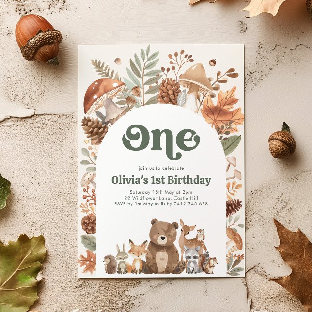 Invitación Woodland 1st Birthday Wild One Forest Animals (Woodland 1st Birthday Invitation)