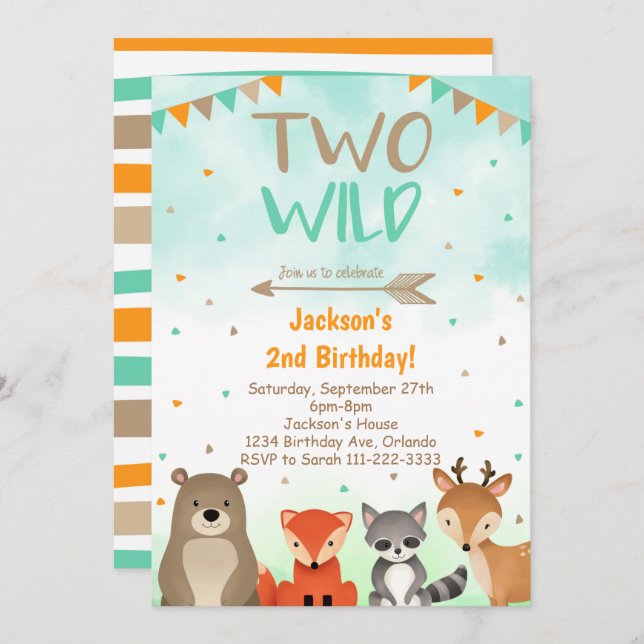 Invitación Woodland 2nd Birthday Invitation, Two Wild Invite (Anverso / Reverso)