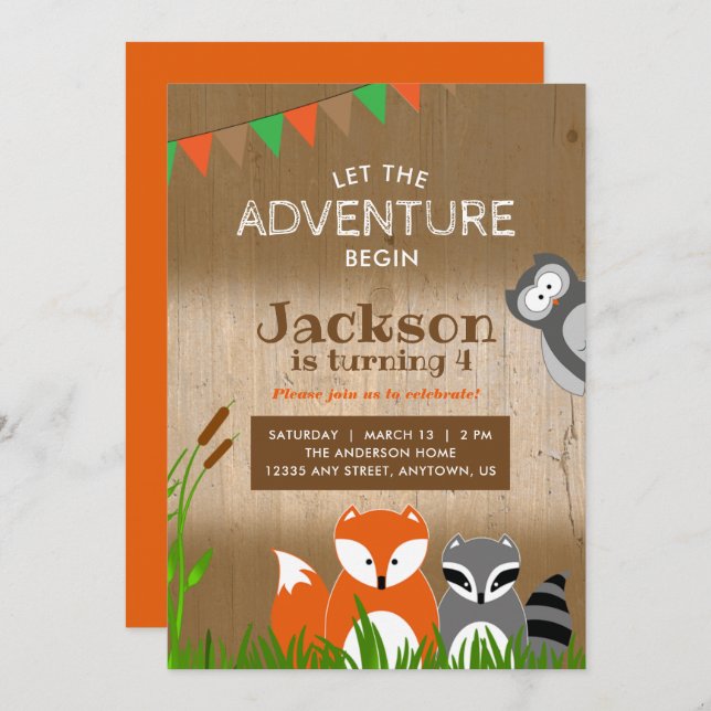 Invitación Woodland Adventure Animals | Fiesta de cumpleaños (Anverso / Reverso)