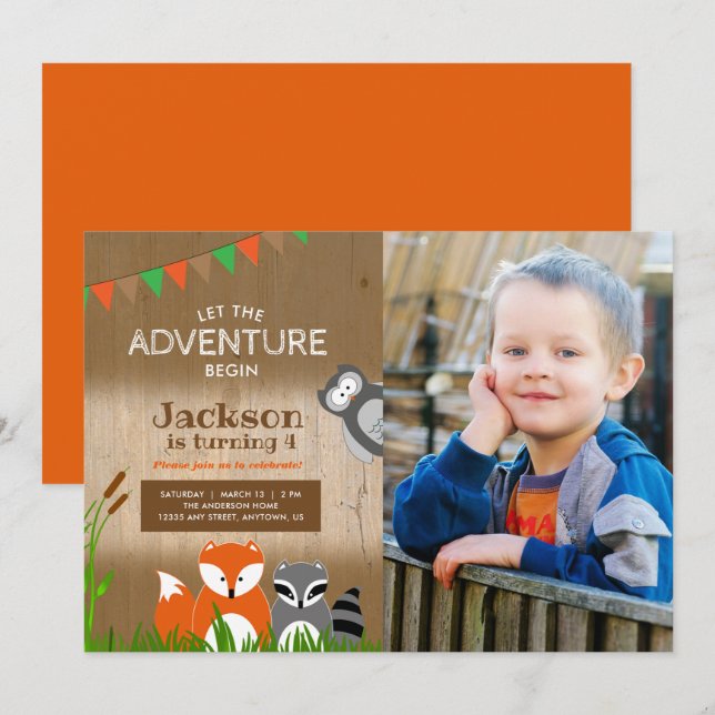 Invitación Woodland Adventure Animals | Foto Fiesta de cumple (Anverso / Reverso)