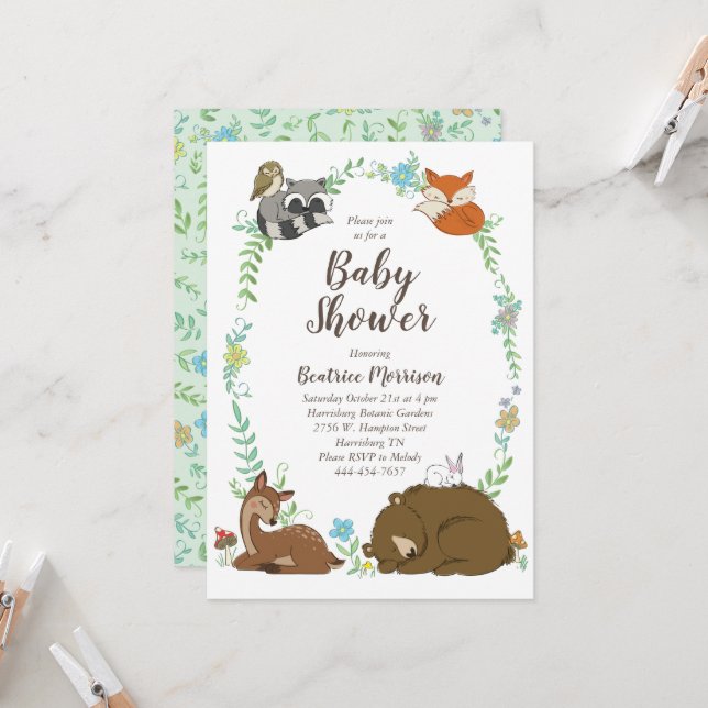 Invitación Woodland Animal Baby Shower (Anverso/Reverso In Situ)