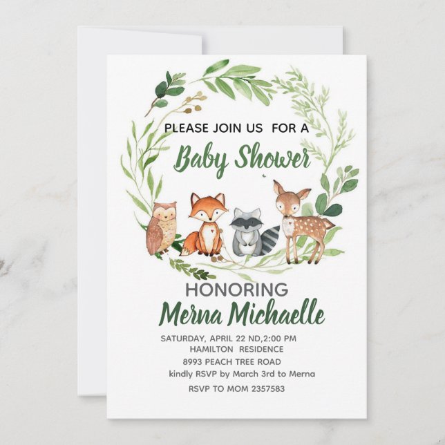 Invitación woodland animal  baby shower invitation (Anverso)