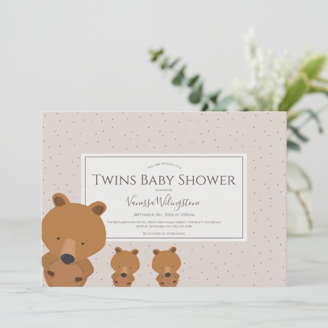 Invitación Woodland Animal Bear Twins Baby Shower (Anverso de pie)