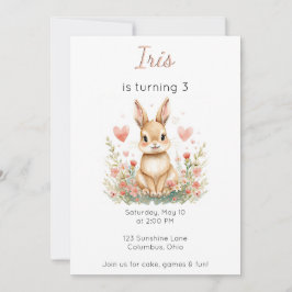 Invitación Woodland Animal Birthday Bunny Pink Hearts Floral