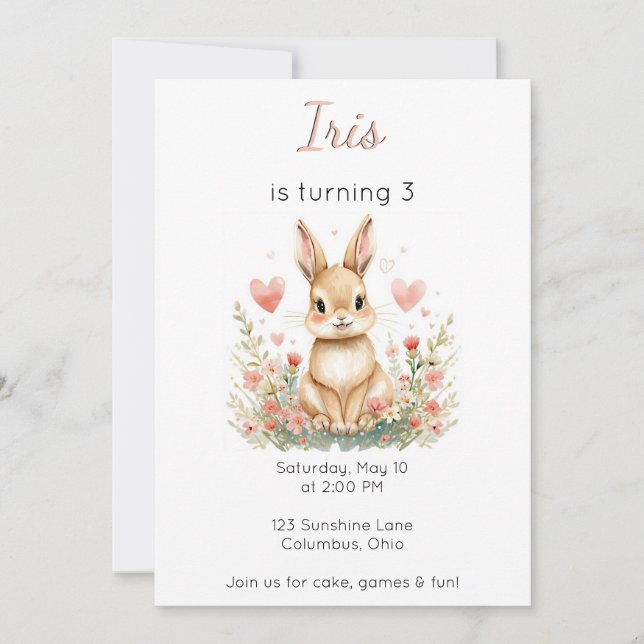 Invitación Woodland Animal Birthday Bunny Pink Hearts Floral (Anverso)