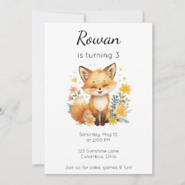 Invitación Woodland Animal Birthday Fox Yellow Hearts Floral