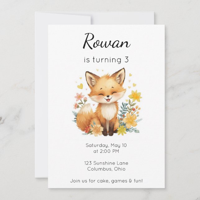 Invitación Woodland Animal Birthday Fox Yellow Hearts Floral (Anverso)