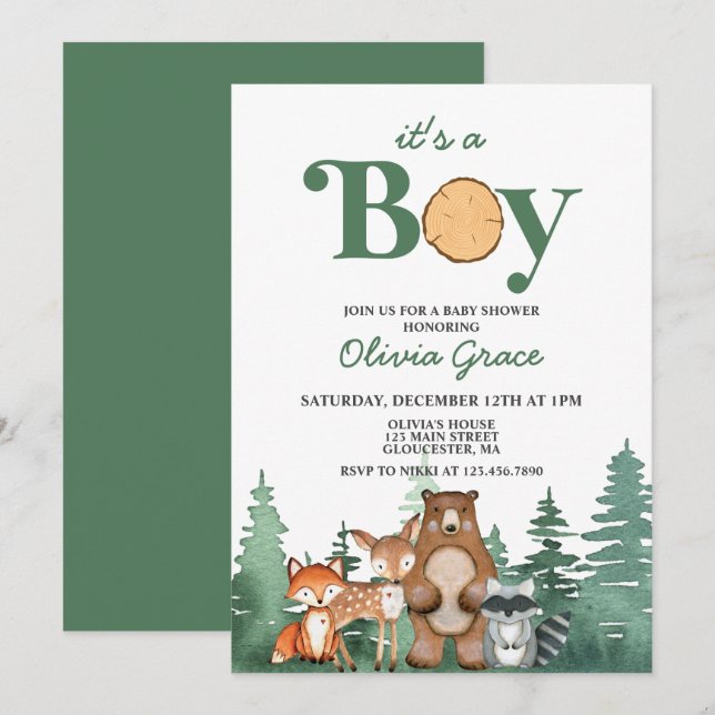Invitación Woodland Animal Forrest Boy Baby Shower (Anverso / Reverso)