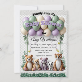 Invitación Woodland Animal Green aand Lavender Baby Shower