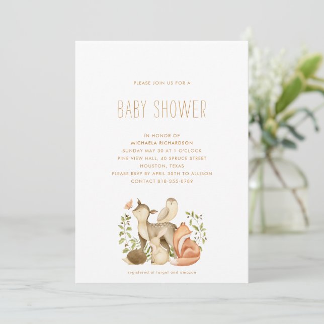 INVITACIÓN WOODLAND ANIMAL MODERNO MINIMAL BABY SHOWER | (Anverso de pie)