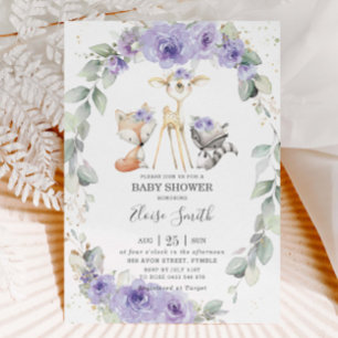 Invitación Woodland Animal Purple Floral Greeneration Baby Sh