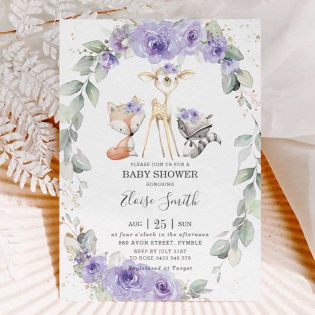 Invitación Woodland Animal Purple Floral Greeneration Baby Sh (Subido por el creador)