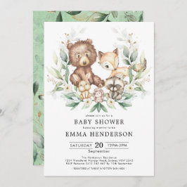 Invitación Woodland Animales Greenery Gold Neutral Baby Showe