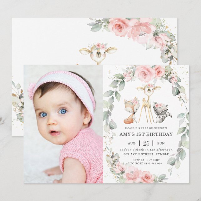 Invitación Woodland Animales Pink Floral Wreath Fantasma (Anverso / Reverso)