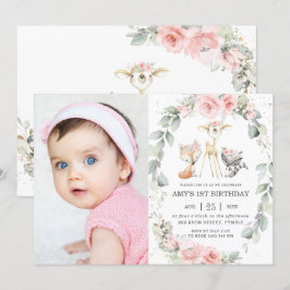 Invitación Woodland Animales Pink Floral Wreath Fantasma