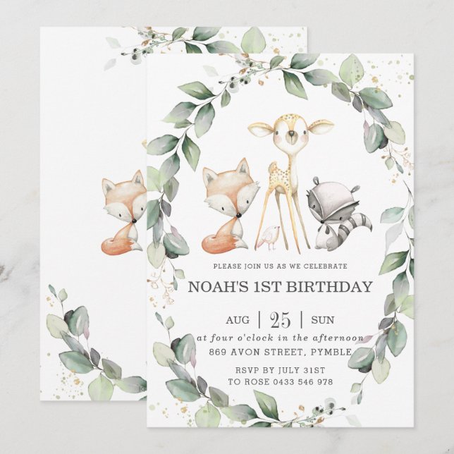 Invitación Woodland Animales Rústicos Verdor Leafy Cumpleaños (Anverso / Reverso)