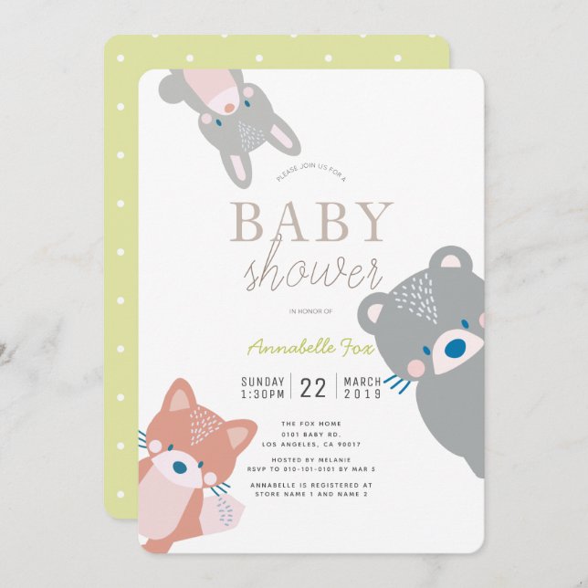 Invitación Woodland Animales White Gender Neutral Baby Shower (Anverso / Reverso)