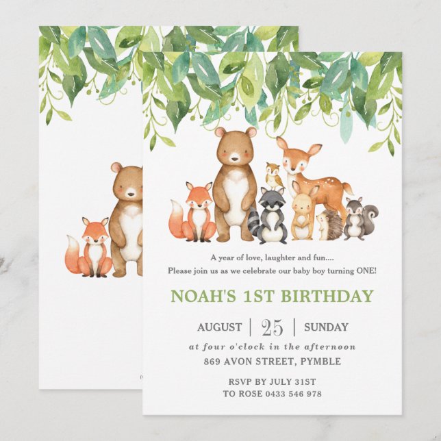 Invitación Woodland Animals 1er cumpleaños Bosque Greenery Bo (Anverso / Reverso)