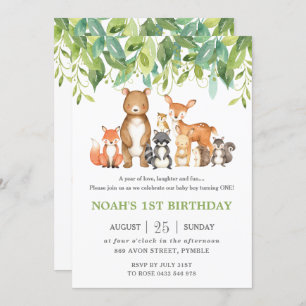 Invitación Woodland Animals 1er cumpleaños Bosque Greenery Bo