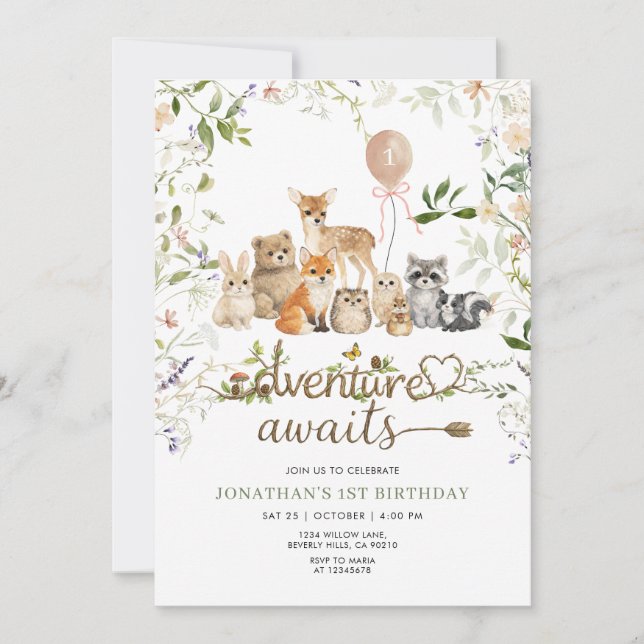 Invitación Woodland Animals 1st Birthday | Rustic Forest (Anverso)