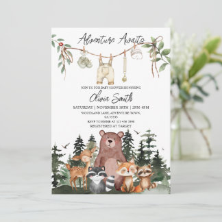 Invitación Woodland Animals Adventure Awaits Baby Shower