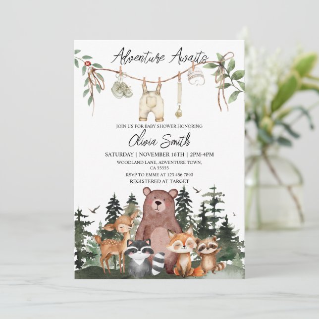 Invitación Woodland Animals Adventure Awaits Baby Shower (Anverso de pie)