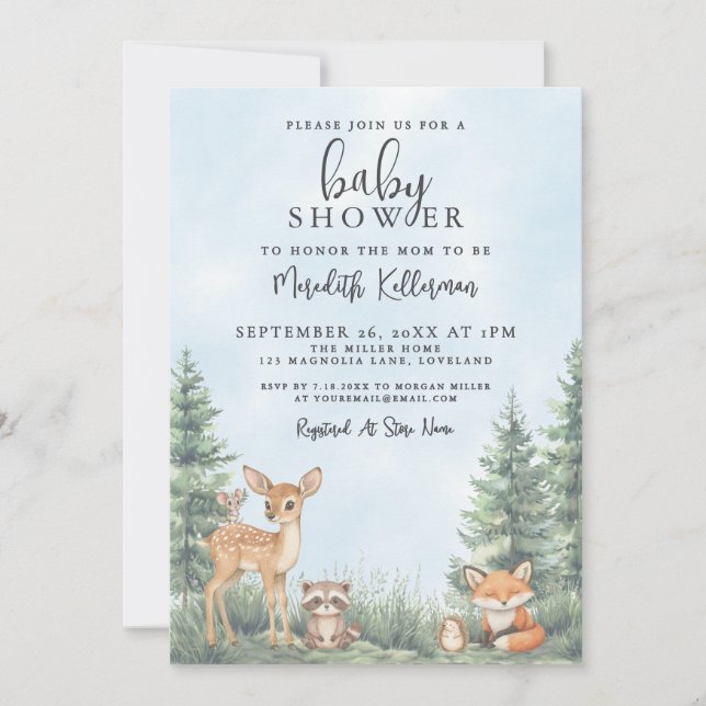 Invitación Woodland Animals Adventure Baby Shower (Anverso)