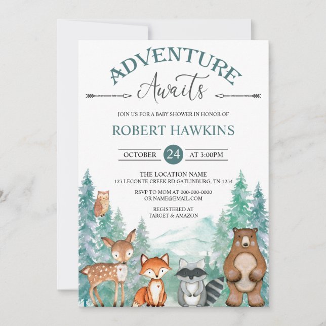 Invitación Woodland Animals Adventure espera a Baby Shower In (Anverso)