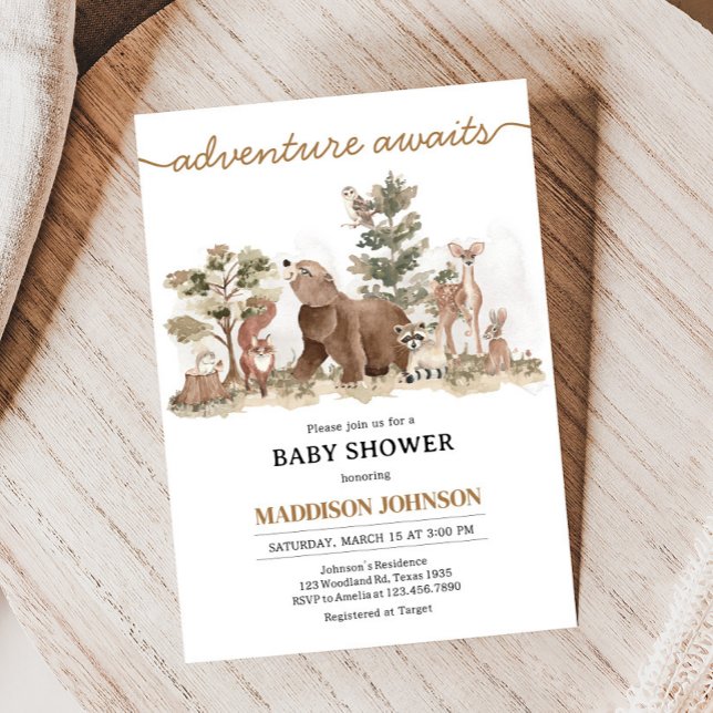 Invitación Woodland Animals Adventure espera Baby Shower (Adventure Awaits Woodland Animals Baby Shower Invitation)