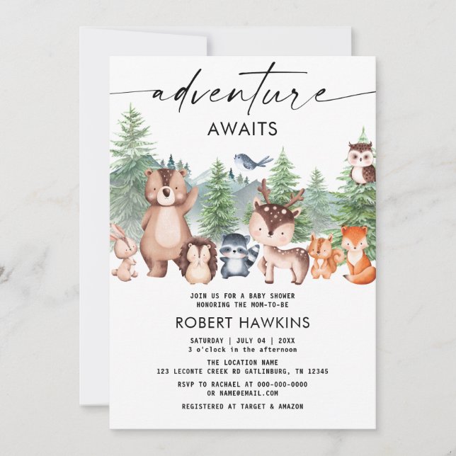 Invitación Woodland Animals Adventure espera Baby Shower (Anverso)