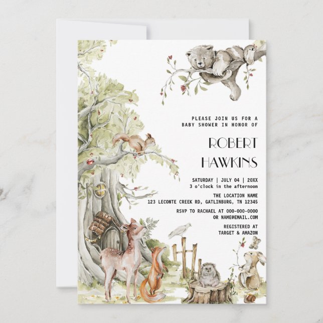 Invitación Woodland Animals and Forest Friends Baby Shower (Anverso)