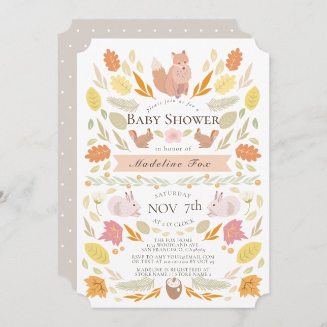 Invitación Woodland Animals Autumn Foliage Baby Shower (Anverso / Reverso)