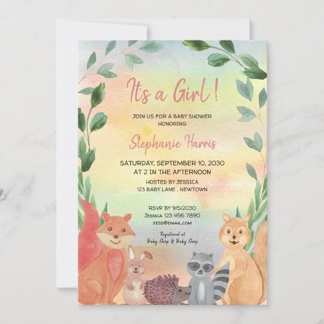 Invitación Woodland Animals Baby Girl Baby Shower (Anverso)