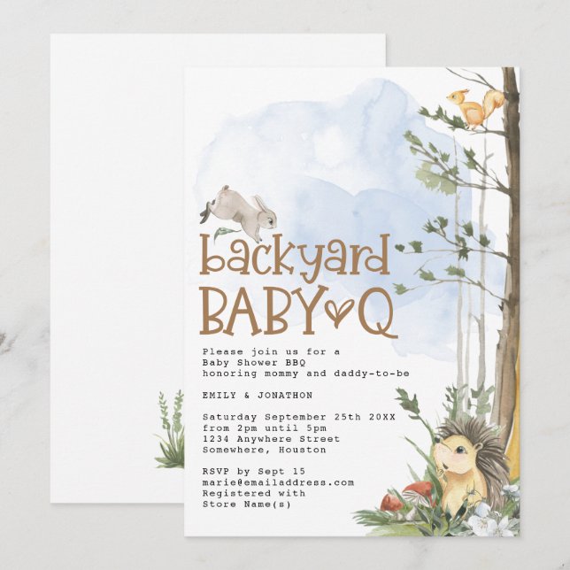 Invitación Woodland Animals Baby Q Backyard Baby Shower (Anverso / Reverso)