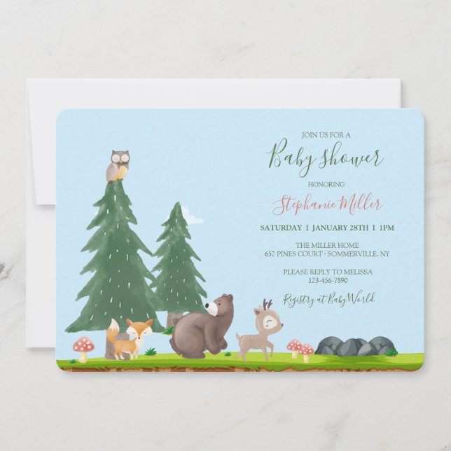 Invitación Woodland Animals Baby Shower (Anverso)