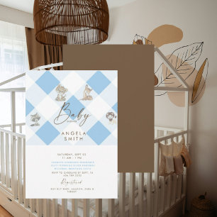 Invitación Woodland Animals Baby Shower Brown & Blue Cute