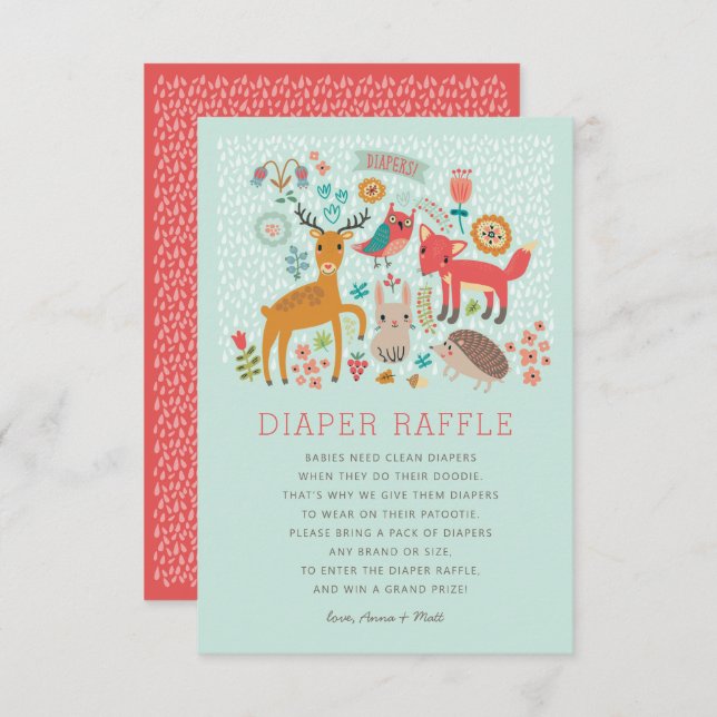 Invitación Woodland Animals Baby Shower Diaper Raffle (Anverso / Reverso)