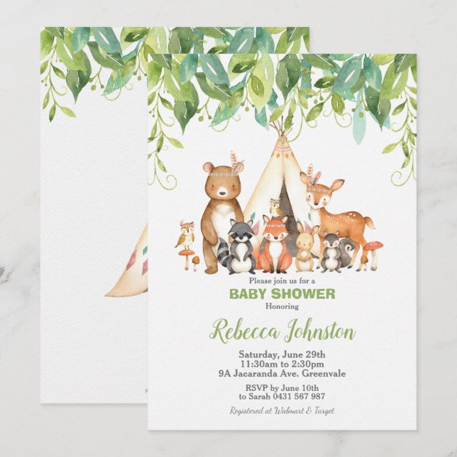 Invitación Woodland Animals Baby Shower Forest Greenery Boy (Anverso / Reverso)