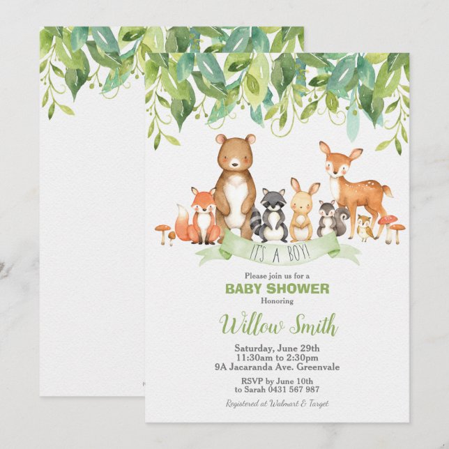 Invitación Woodland Animals Baby Shower Forest Greenery Boy (Anverso / Reverso)