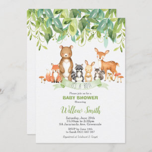Invitación Woodland Animals Baby Shower Forest Greenery Boy