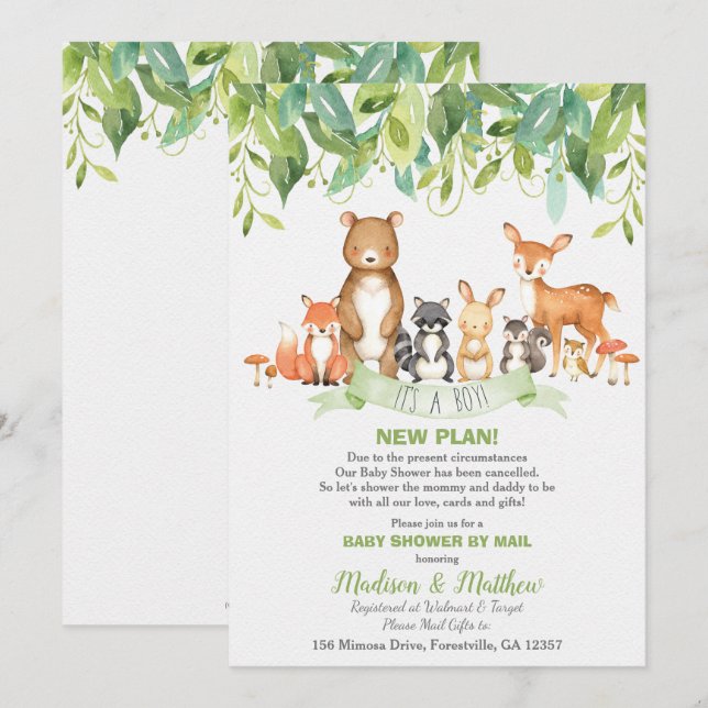 Invitación Woodland Animals Baby Shower por correo Greenery B (Anverso / Reverso)