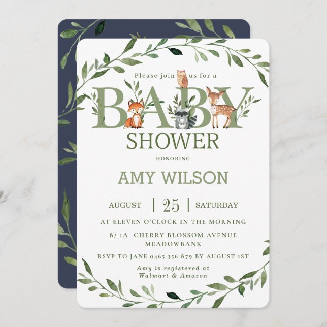 Invitación Woodland Animals Baby Shower Whimsical Greenery (Anverso / Reverso)