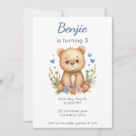 Invitación Woodland Animals Birthday Bear Boy Blue Hearts 