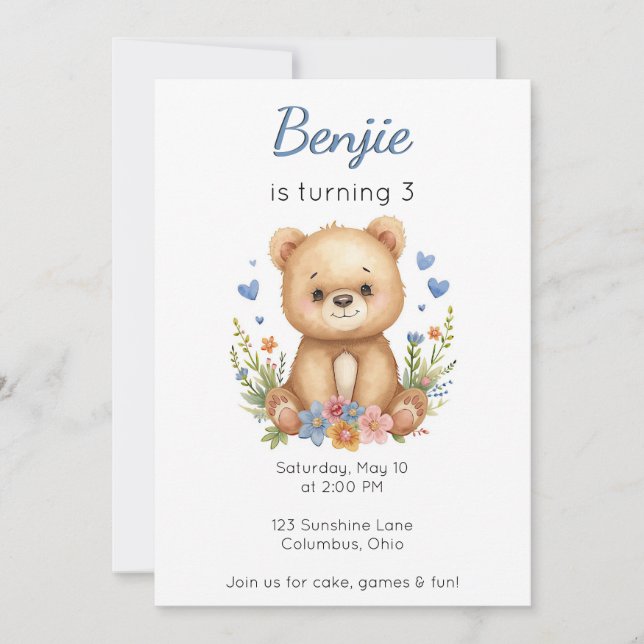 Invitación Woodland Animals Birthday Bear Boy Blue Hearts  (Anverso)